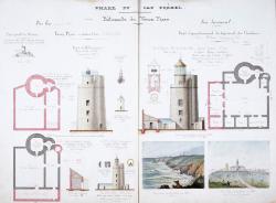 Cette grande planche aquarellée, dressée au XIXe siècle par le Service des Phares et balises, récapitule les éléments techniques, architecturaux et financiers de la mise au point, en deux siècles, de la signalisation de Fréhel.