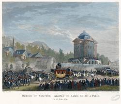 Le cortège est composé de la berline royale où se trouvent le roi, la reine, Pétion, Barnave, Madame Elisabeth, Madame Royale et le dauphin et, sur le siège, trois gardes du corps