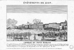 Entre la rive gauche du Rhône peu urbanisée et la colline de Fourvière avec sa chapelle séculaire, on reconnaît le pont Morand en bois, le pont Lafayette, le beffroi de l’hôtel de ville, le collège royal, son clocher et l’arche de sa bibliothèque. 