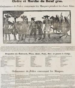 Cette gravure parisienne sur bois de fil montre ainsi un bœuf caparaçonné et décoré de guirlandes de fleurs que conduisent des hommes costumés en sauvages et armés de lourds gourdins. 