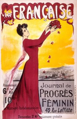 femme est figurée de profil en robe rouge sur ciel d’un jaune solaire domine un paysage rural 