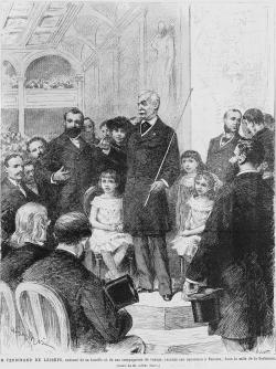 Ferdinand de Lesseps, entouré de sa famille et de ses compagnons de voyage, raconte son expédition à Panama, dans la salle de la Sorbonne