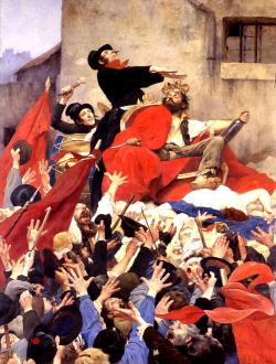 groupe hommes avec drapeaux rouges