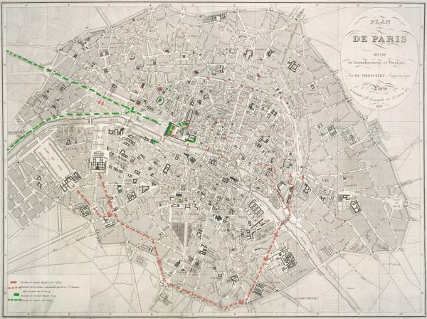 Plan de Paris divisé en arrondissement et paroisses..., portant les mouvements de troupes effectués les 28 et 29 juillet 1830.