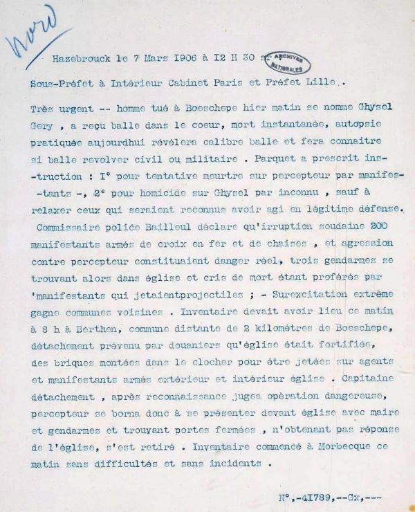 Télégramme du sous-préfet d'Hazebrouck