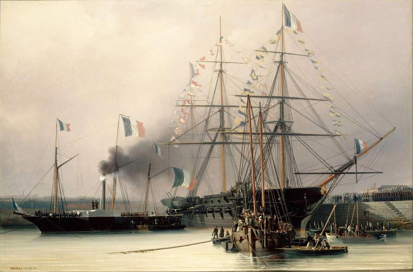 Transbordement des cendres de Napoléon Ier de la Belle Poule sur le vapeur "Normandie" en rade de Cherbourg, 8 décembre 1840.