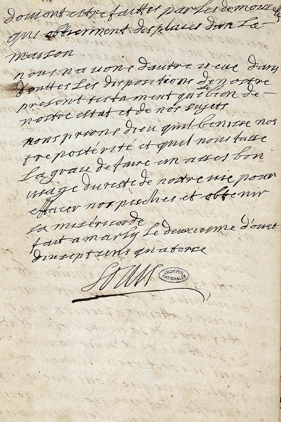 Testament de Louis XIV : dernière page, avec signature du roi