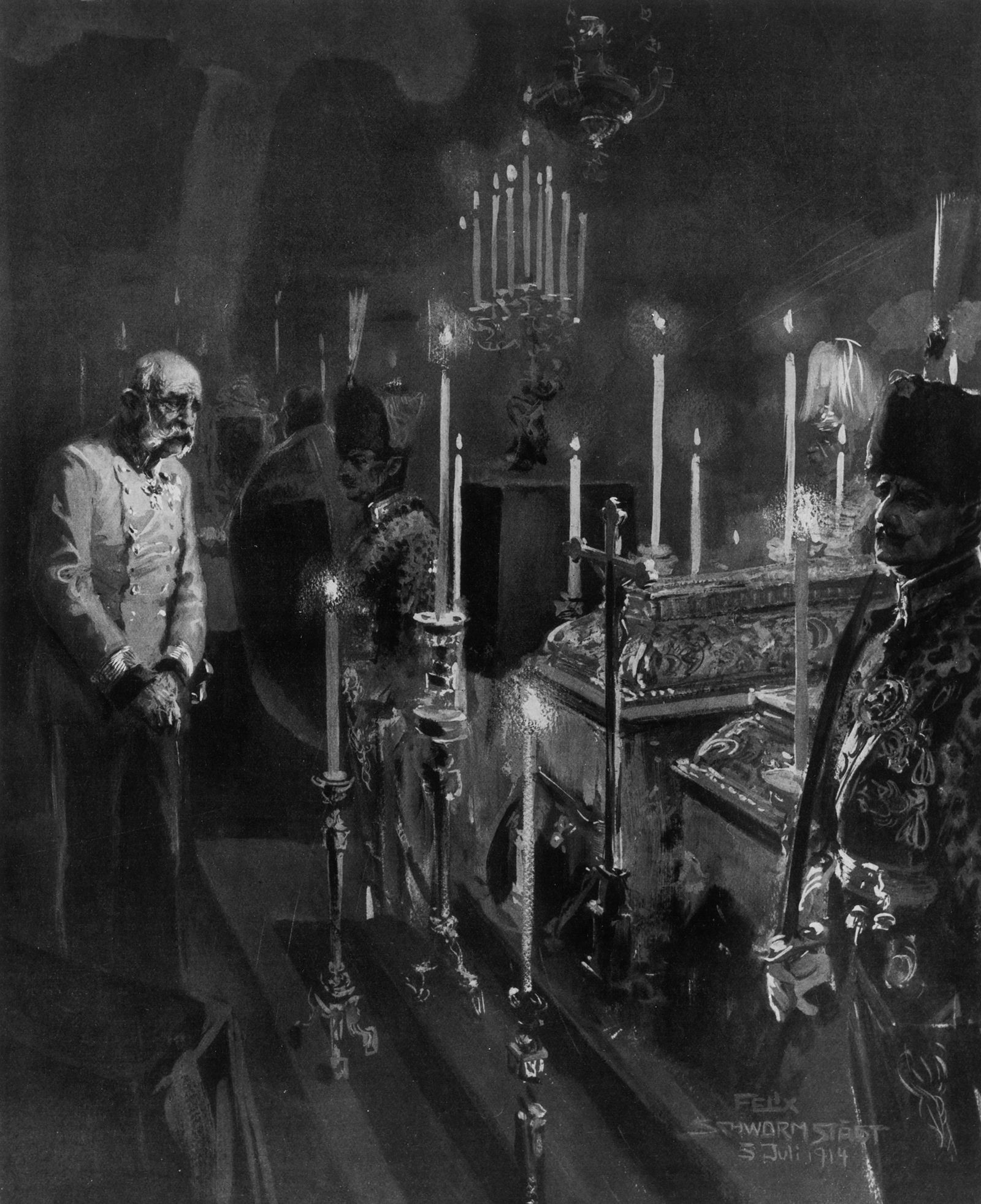 François-Joseph devant les cercueils de François-Ferdinand et de la duchesse Sophie de Hohenberg