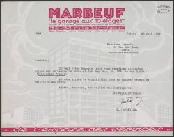 Lettre sur papier à e-tête du garage Marbeuf