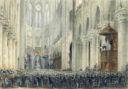 C’est l’un de ses prêches à Notre-Dame que montre une aquarelle anonyme d’époque. L’auditoire nombreux, attentif et plutôt masculin est groupé au pied de la chaire, le regard levé vers le prédicateur.