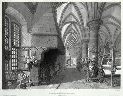La lithographie montre les chapiteaux du XIIIe siècle et évoque avec un « pittoresque » discret le fonctionnement de la centrale.