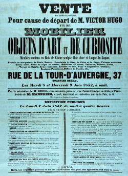 AFFICHE DE VENTE AUX ENCHÈRES PUBLIQUES DU MOBILIER DE VICTOR HUGO.