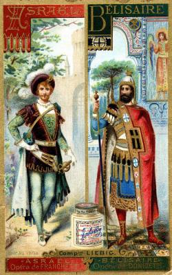 L’image représente les personnages principaux de deux opéras, à gauche celui d’Asraël de Franchetti