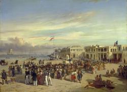 place principale de Gorée et des habitants de la ville, Noirs sénégalais, métis et Blancs, militaires et le prince de Joinville