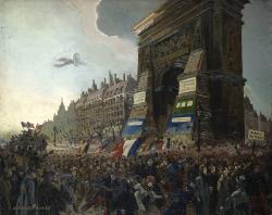 Armistice de la Première Guerre Mondiale. Foule en liesse, soldats, drapeaux. Avion.