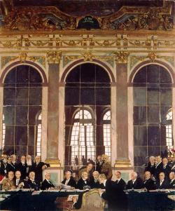 Unterzeichnung des Friedensvertrages im Spiegelsaal von Versailles.