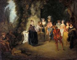 Sur la partie de gauche, on trouve un groupe de sept personnages, dont trois musiciens jouant du violon, du hautbois et d’une musette. 
