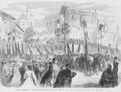 Défilé des populations devant Napoléon III et l'impératrice Eugénie sur la place du château de Chambéry