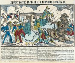Cette gravure représente le moment où, les détonations ayant cessé, l’impératrice, attendue par Napoléon III, descend saine et sauve de sa voiture.
