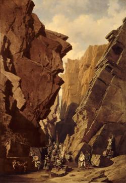 Ce tableau est construit sur un contraste : le gigantisme du monde minéral illustré par l’escarpement des falaises face à la fragilité d’une troupe armée qui semble à la merci d’un milieu hostile.