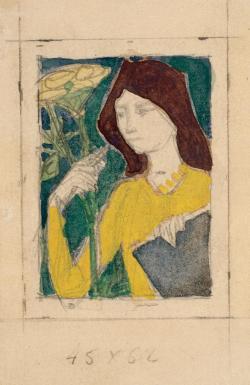 Dans ce dessin préparatoire réalisé à la mine de plomb et à l’aquarelle, Grasset a figuré tous les éléments constitutifs de sa future affiche : il y a esquissé sur un fond bleu-vert le buste d’une femme vêtue de jaune