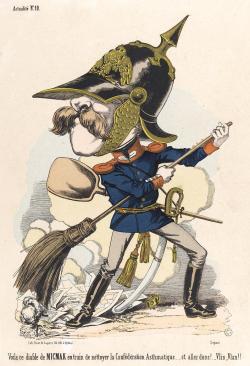 Dès son entrée sur la scène politique, les caricaturistes se plaisent à décrire le chancelier prussien sous les traits d’un dogue, tandis que Daumier le présente comme un « Barbe bleue prussien » s’évertuant à « occire » les Chambres du Parlement.