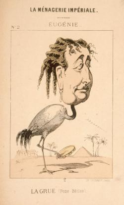 l’impératrice Eugénie est figurée sous les traits d’une grue. Elle serre un tambourin dans sa patte gauche, allusion à son pays d’origine.
