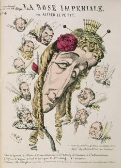 caricaturiste républicain, fait de l’impératrice Eugénie une « rose impériale » : la tête allongée et couronnée de la souveraine surmonte une tige hérissée d’épines 