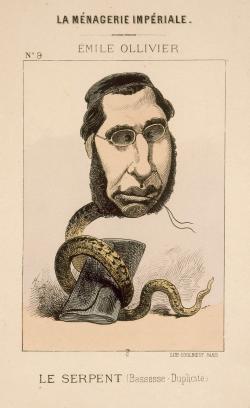 Enfin, la « bassesse » et la « duplicité » sont l’apanage d’Émile Ollivier dont la grosse tête aux yeux myopes et à la langue bifide surmonte un corps de serpent.