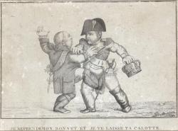 Un Napoléon au visage poupin arrache sa couronne à un Bourbon podagre symboliquement coiffé d’une calotte ecclésiastique.