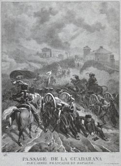 l’armée française franchissant avec peine la Sierra de Guadarrama, une imposante barrière montagneuse qui protège Madrid. 