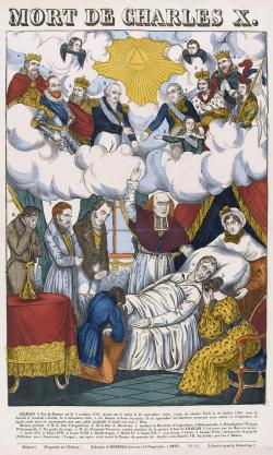 Dans la partie terrestre de l’image, le roi mourant est entouré des membres de sa famille : le duc et la duchesse d’Angoulême, le duc de Bordeaux agenouillé au pied du lit, et sa sœur, assise. 