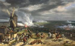 Au premier plan du tableau sont figurés des chevaux tués, des morts et des blessés dont, à gauche, le général de Valence, touché à la cuisse, soutenu par des soldats. 