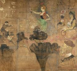 Sur le panneau de droite, Toulouse-Lautrec a représenté le spectacle offert par la Goulue dans sa baraque : une danse du ventre.