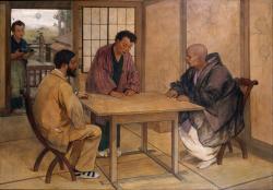 Le premier tableau représente une rencontre entre Émile Guimet et les moines d’un sanctuaire bouddhiste. 