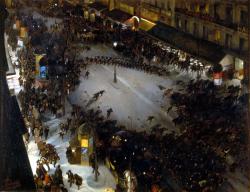 la charge d’une brigade de police contre une manifestation (ou une émeute) à Paris, sur le boulevard Montmartre