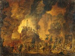 En haut de la composition une horde d’artistes lyriques et de poètes jacobins, conduite par David (il tient une palette et un chevalet),