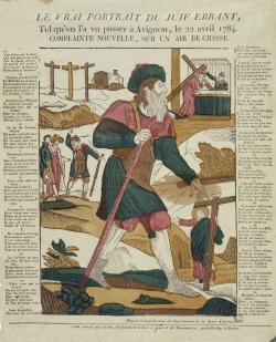 issu d’une taille-douce parisienne de Jean, conservent les scènes mais présentent le Juif errant en pleine marche.