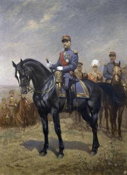 portrait équestre de Foch au premier plan, suivi de Pershing