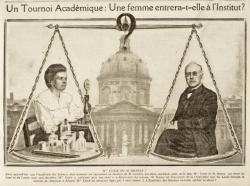 Une balance avec Marie Curie et un homme, en fond l'institut