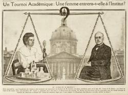 Une balance avec Marie Curie et un homme, en fond  l'institut 