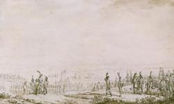 Sur un terre-plein formant premier plan, des soldats de la Grande Armée sont debout,