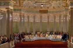 Assis au centre, Napoléon invite de la main Marie-Louise à se servir.