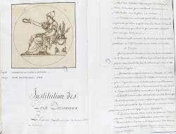 Un manuscrit provenant du secrétariat de l’Institut conserve le projet de chaque médaille, sous la forme d’un dessin calqué assorti d’un texte descriptif. 