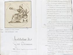 Un manuscrit provenant du secrétariat de l’Institut conserve le projet de chaque médaille, sous la forme d’un dessin calqué assorti d’un texte descriptif.