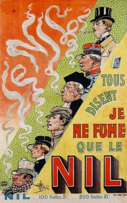 Six têtes de fumeurs de la Belle-Époque : un militaire, un prêtre, un ouvrier, un postier, deux bourgeois.