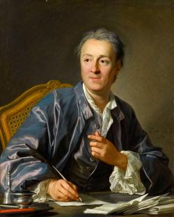 Diderot alors âgé de cinquante-quatre ans est assis à sa table de travail avec tous les accessoires associés à l’homme de lettres