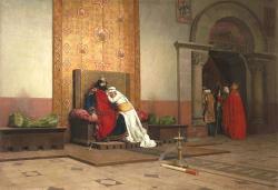 le peintre a représenté le moment où, en 998, Robert le Pieux vient d’être excommunié pour avoir refusé de répudier sa seconde épouse, Berthe