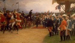 Visite officielle des souverains russes en France en 1901 - le Président de la République Emile Loubet accueillant le tsar Nicolas II et l'Impératrice Alexandra Feodorovna lors de la revue militaire passée au camp de Bétheny, 21 septembre 1901.