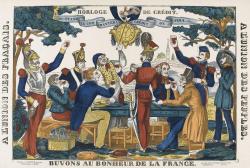Le patron y désigne une « horloge de crédit » au-dessus de laquelle court le texte « quand le coq chantera, crédit on fera ».
